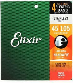 Elixir Strings 14077 Nanoweb Electric Bass Guitar Strings - .045-.105 Light/Medium Long Scale